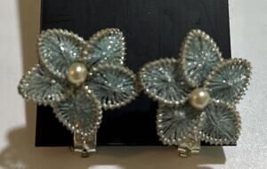 Vintage Filigree Silver Tone Clip On Faux Pearl Earrings Germany